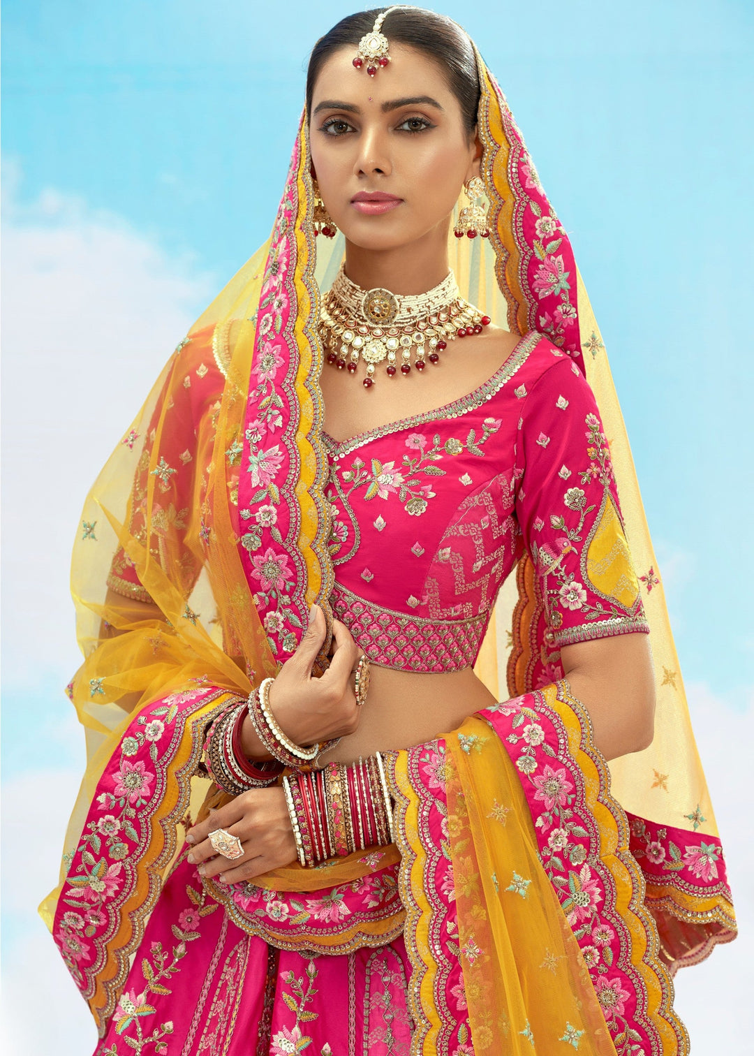 Pink and Yellow Silk Lehenga With Cut Work Border
