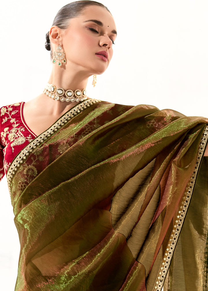 Army Green Organza Tissue Silk Saree