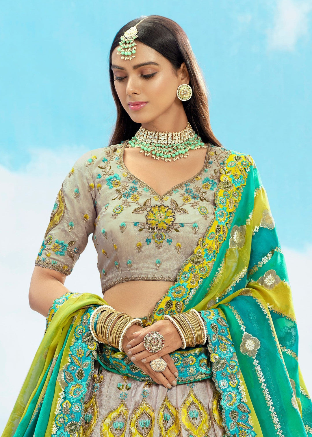 Off-White And Green Silk Lehenga With Cut Work Border