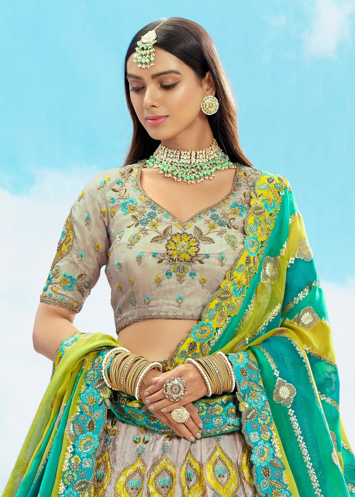 Off-White And Green Silk Lehenga With Cut Work Border