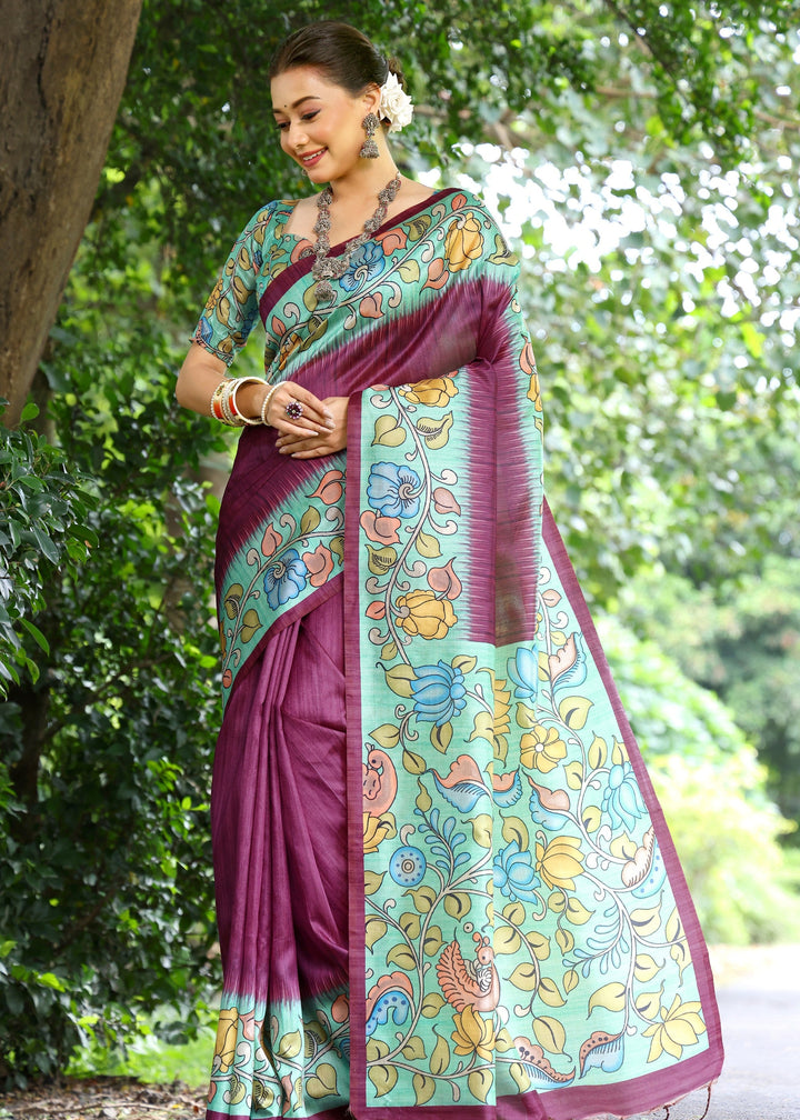 Wine Solid Design Cotton Silk Saree