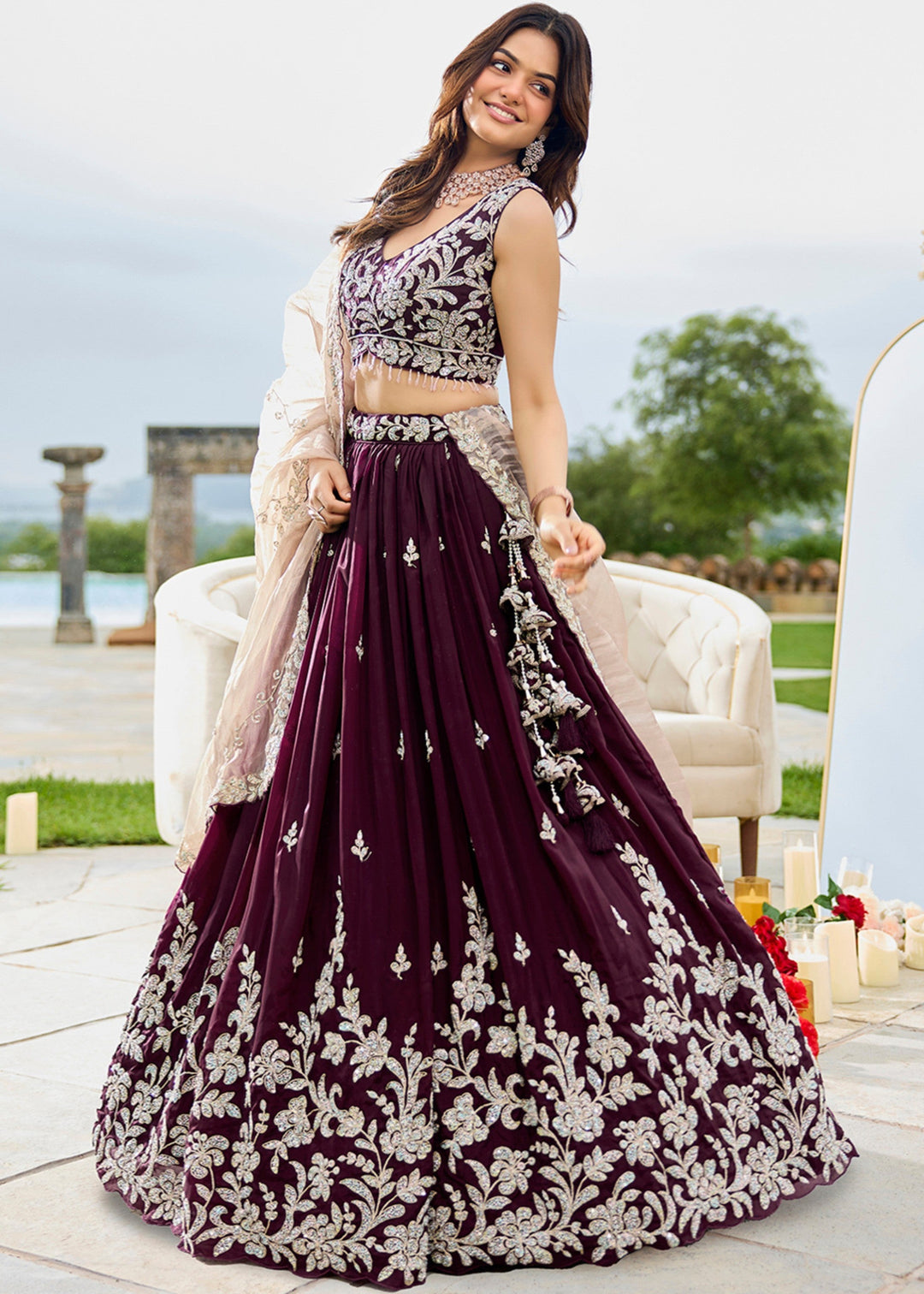 Wine Satin Silk Lehenga Choli