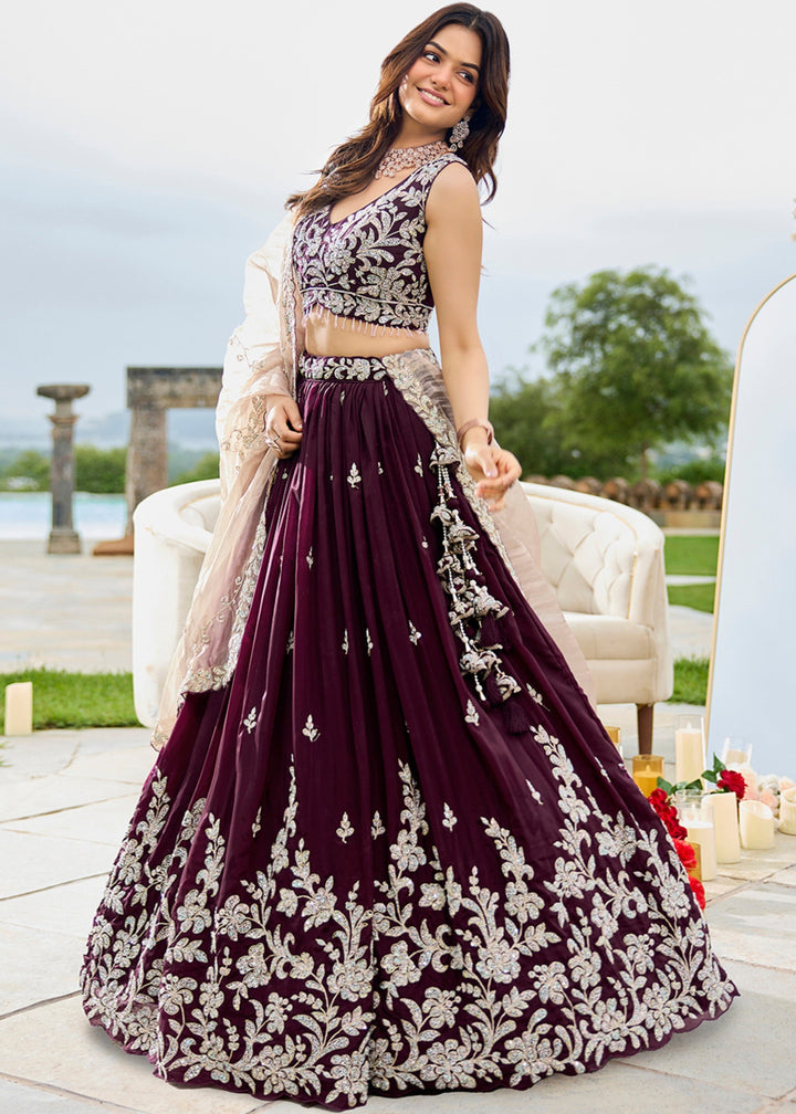 Wine Satin Silk Lehenga Choli