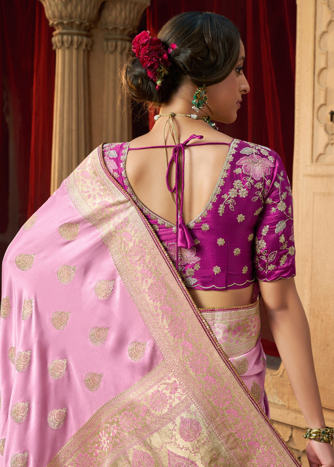Neon Pink Satin Silk Saree