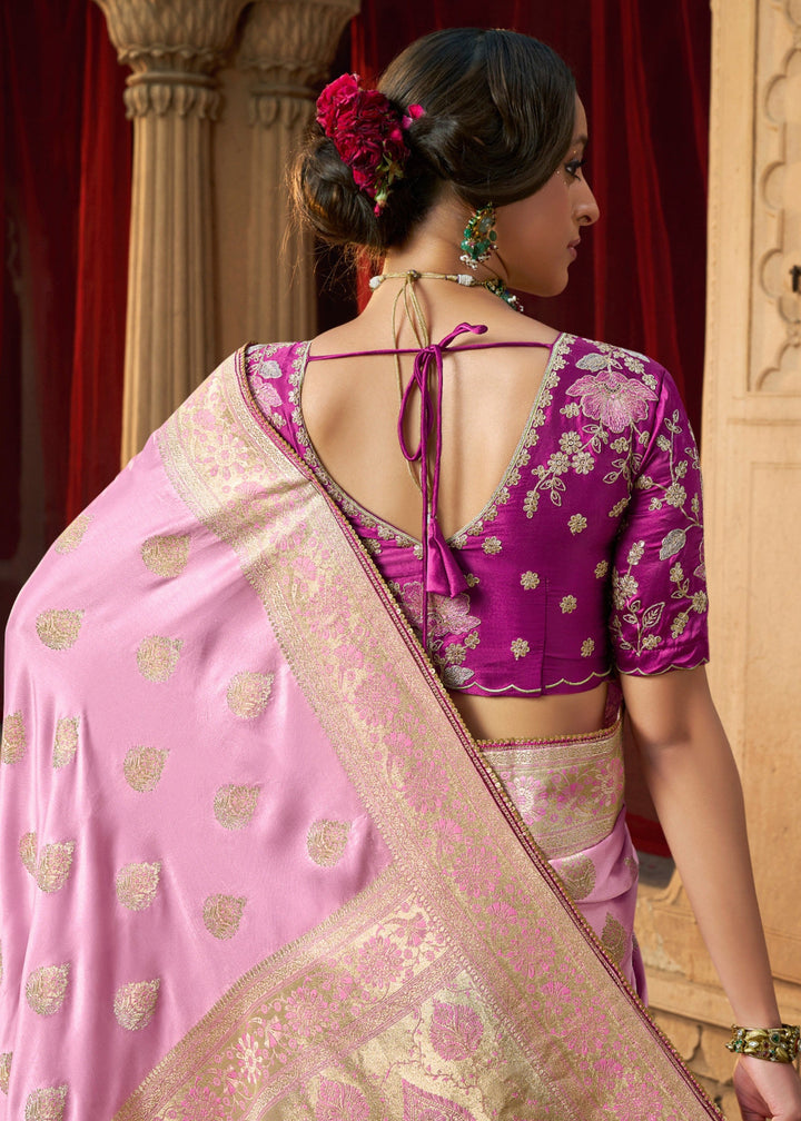Neon Pink Satin Silk Saree