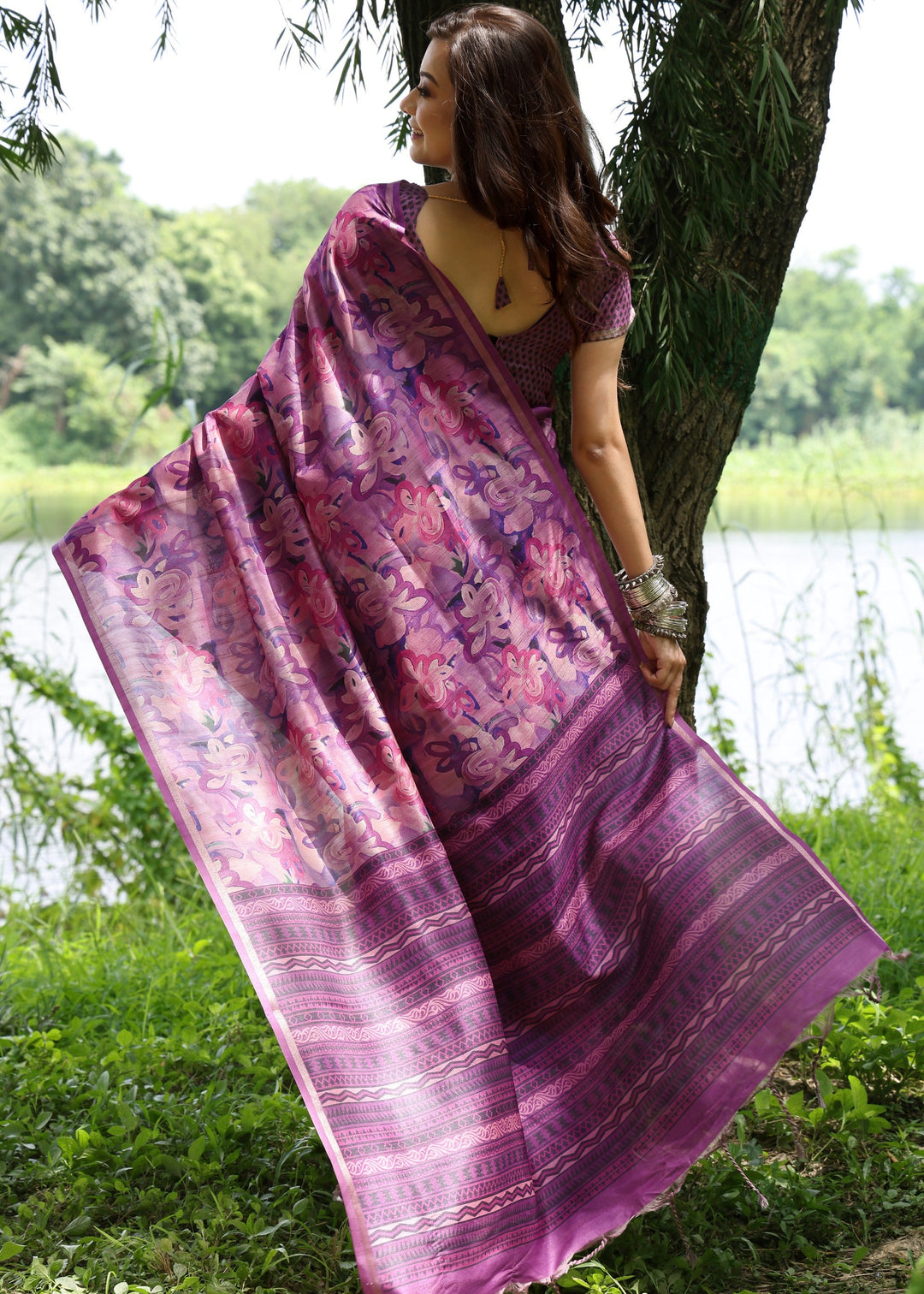 Wine Printed Cotton Silk Saree