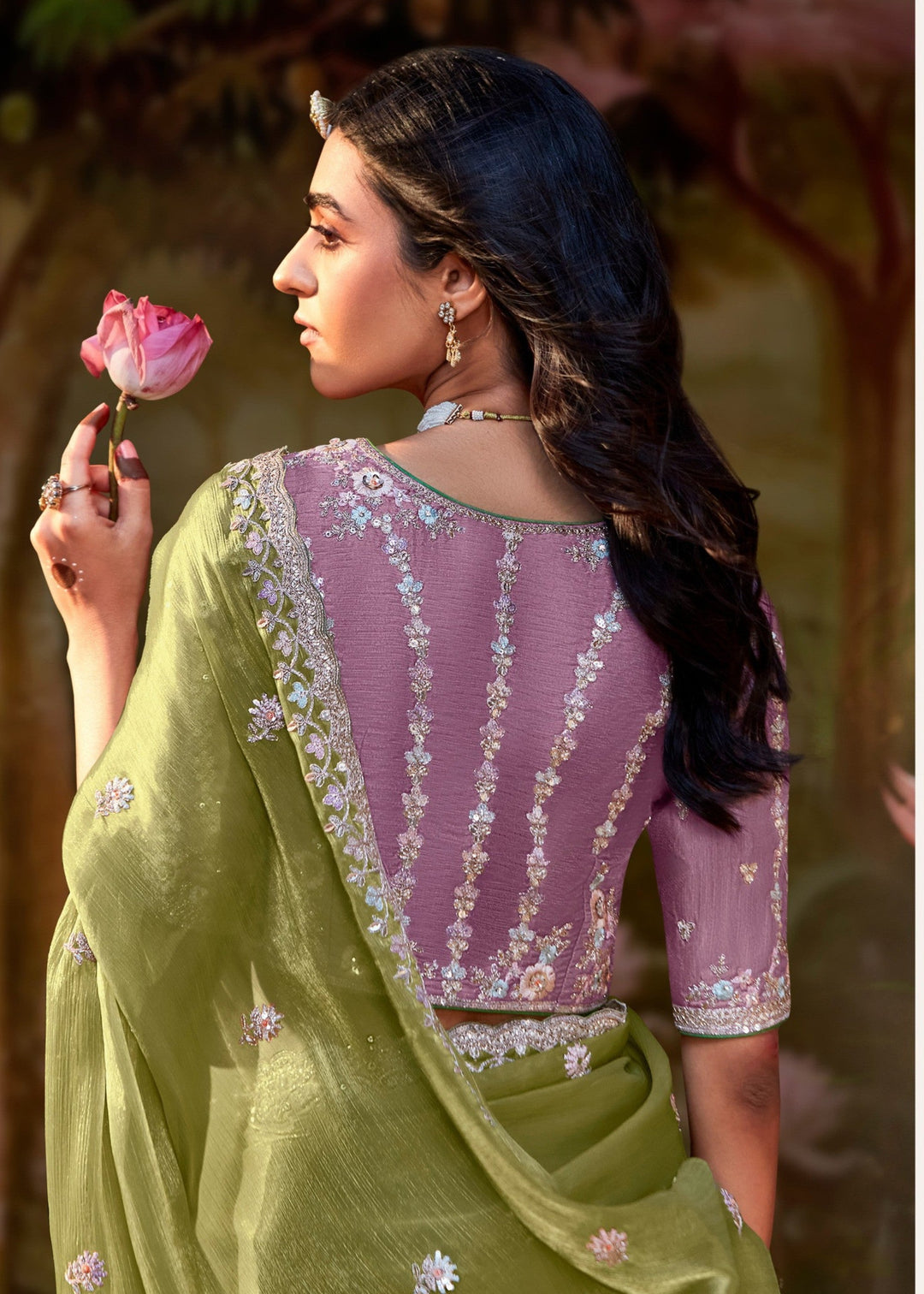 Lavender And Olive Green Cotton Silk Saree