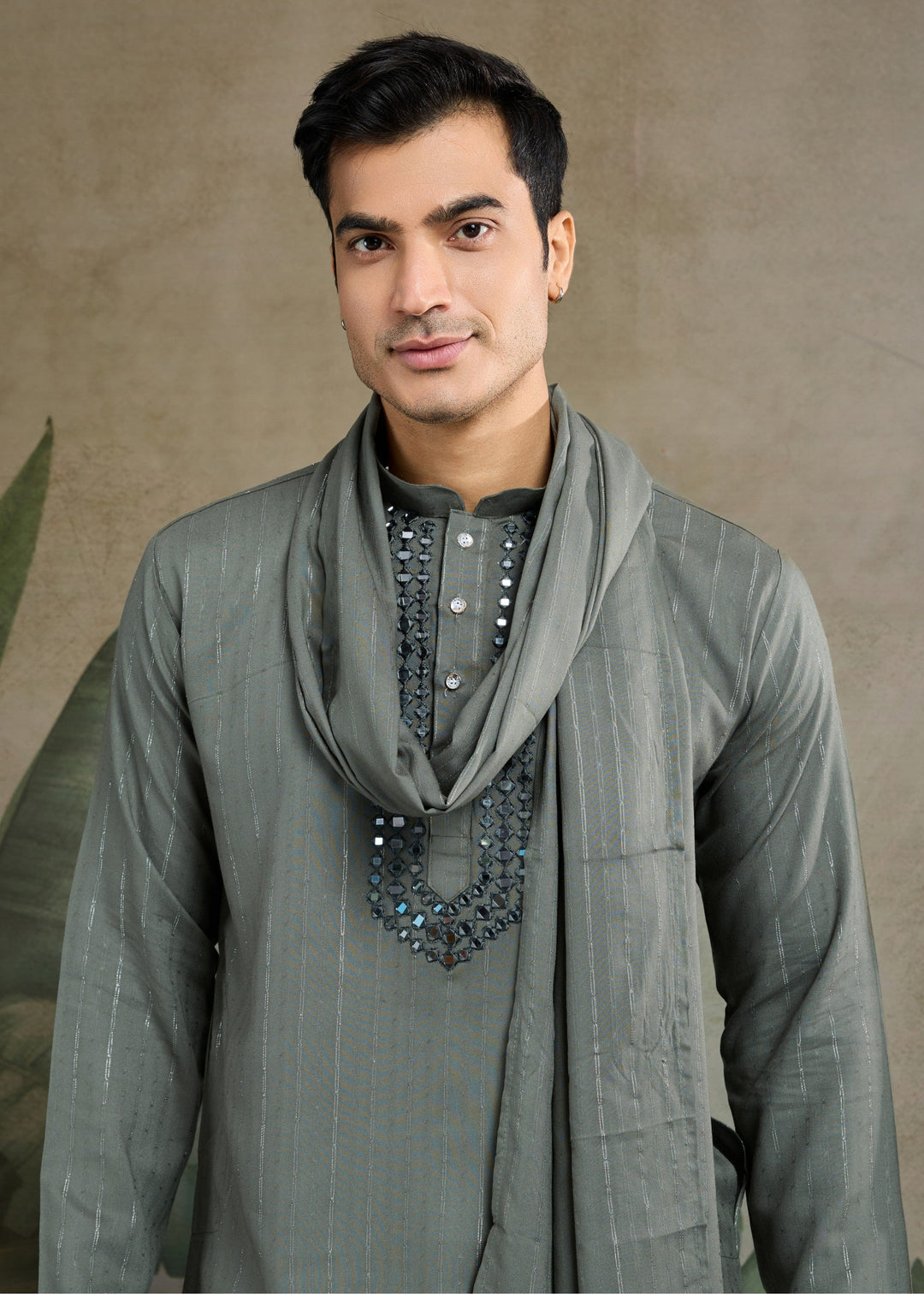 Grey Viscose Rayon Mens Kurta With Self Design Zari And Mirror Work