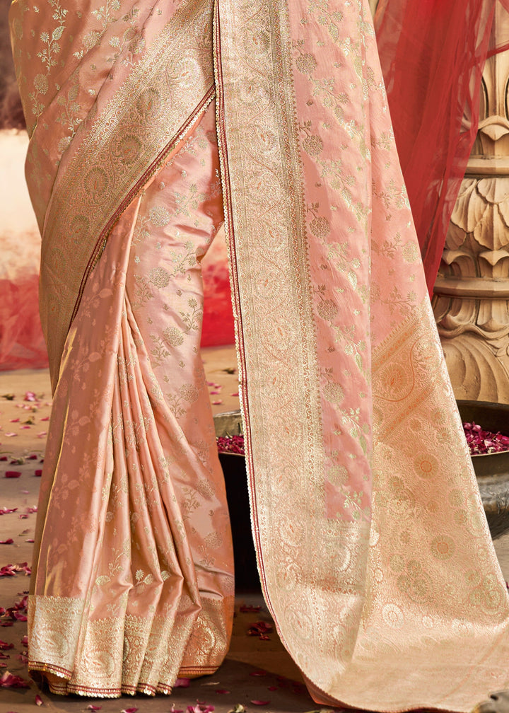 Peach Pink Satin Silk Saree
