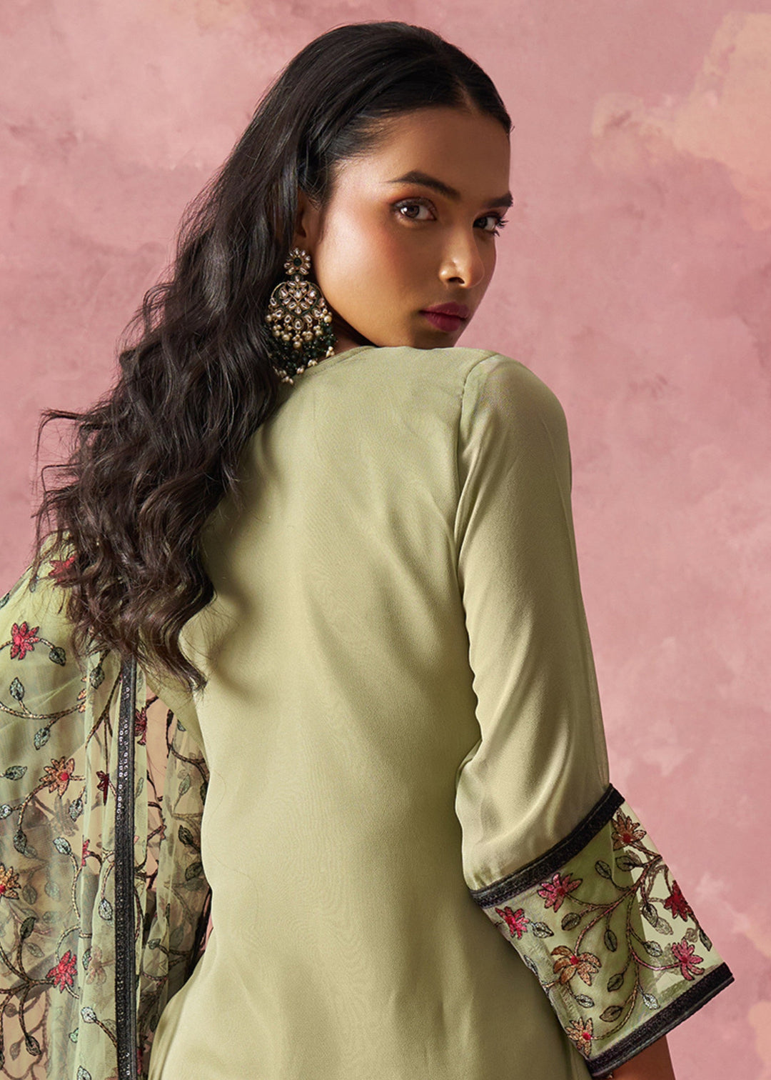 Pistachio Green Georgette Suit With Thread Embroidered Work