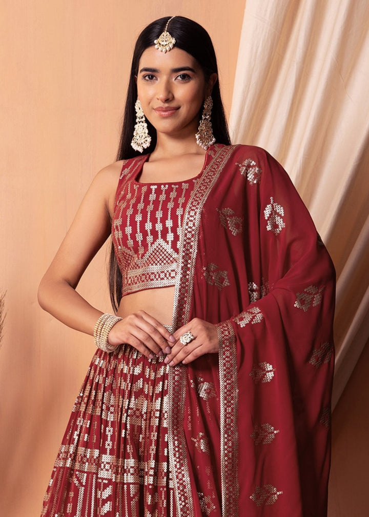 Maroon Red Georgette Lehenga Choli With Sequins And Thread Embroidery Work