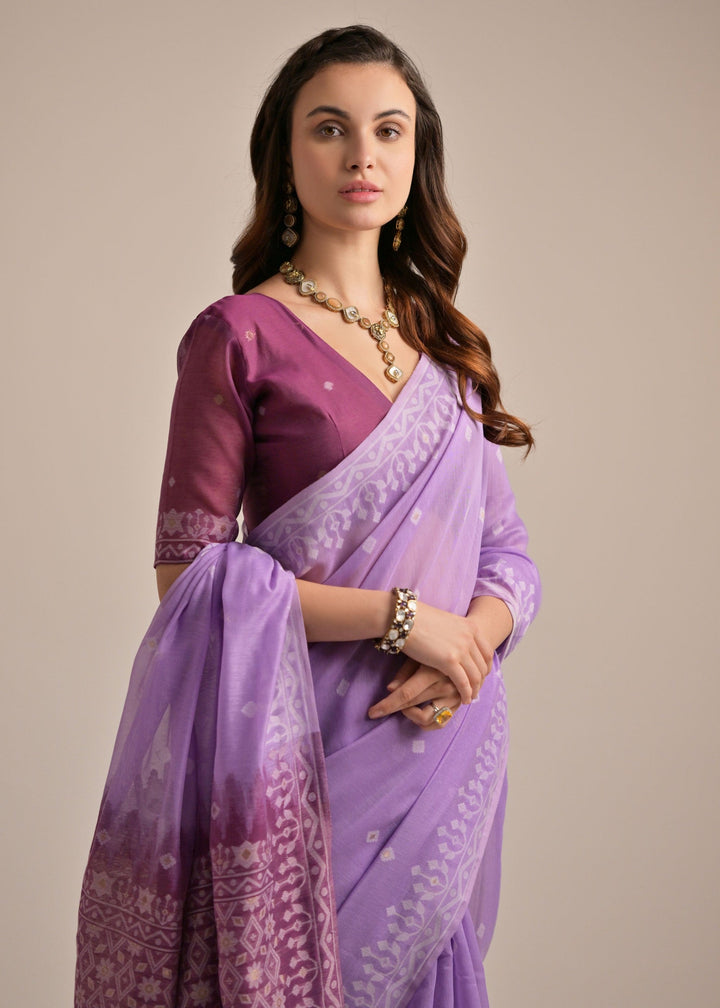 Lavender Thread Butti Lakhnawi Weaves Muga Cotton Saree With Contrast Pallu