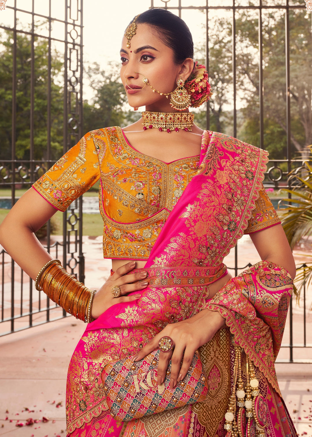 Hot Pink Base Banarasi Silk Lehenga With Gold Brocade And Golden Zari Work