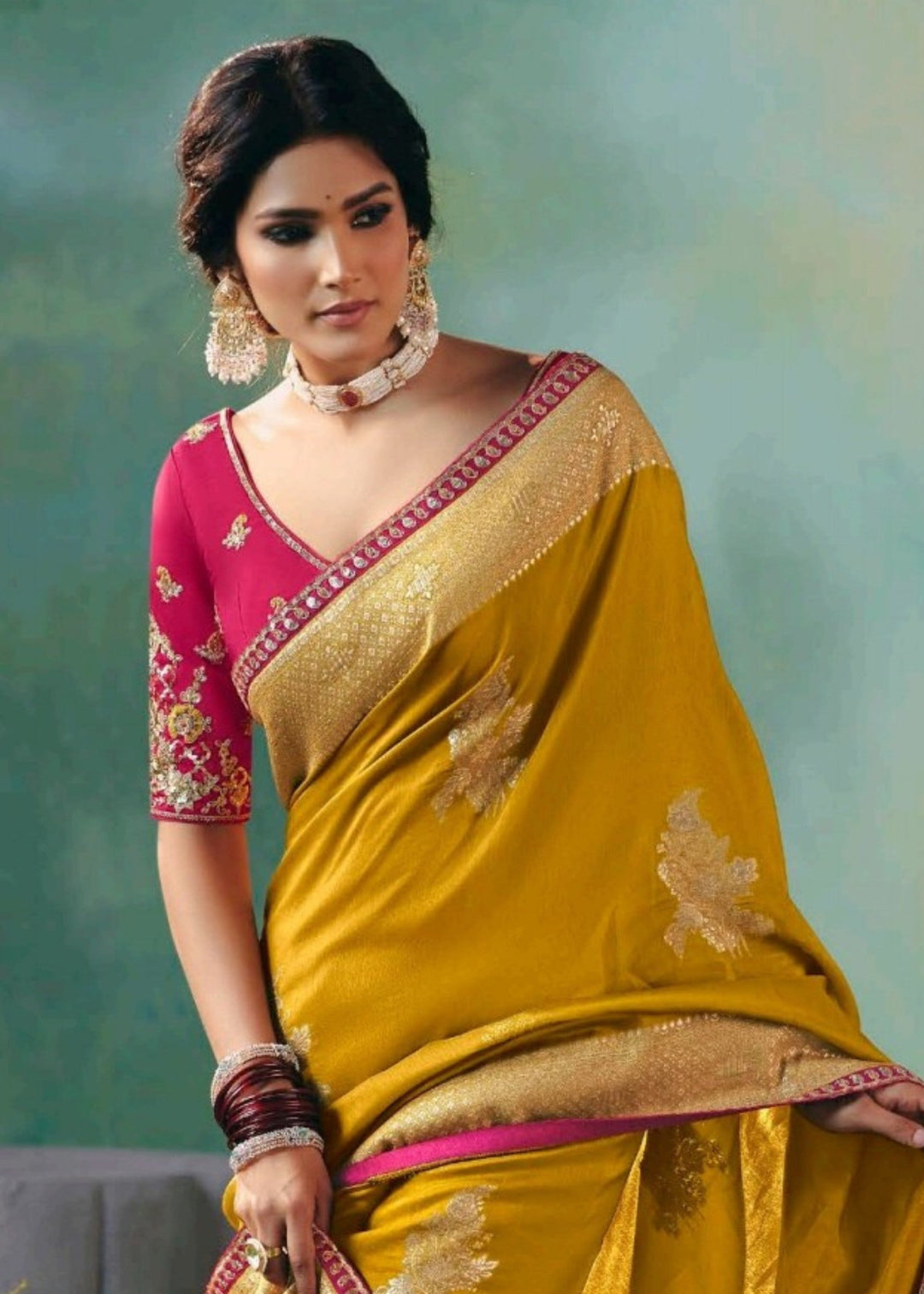 Mustard Yellow Pure Viscose Dola Silk Saree with Zari Weaving & Embroidered Blouse