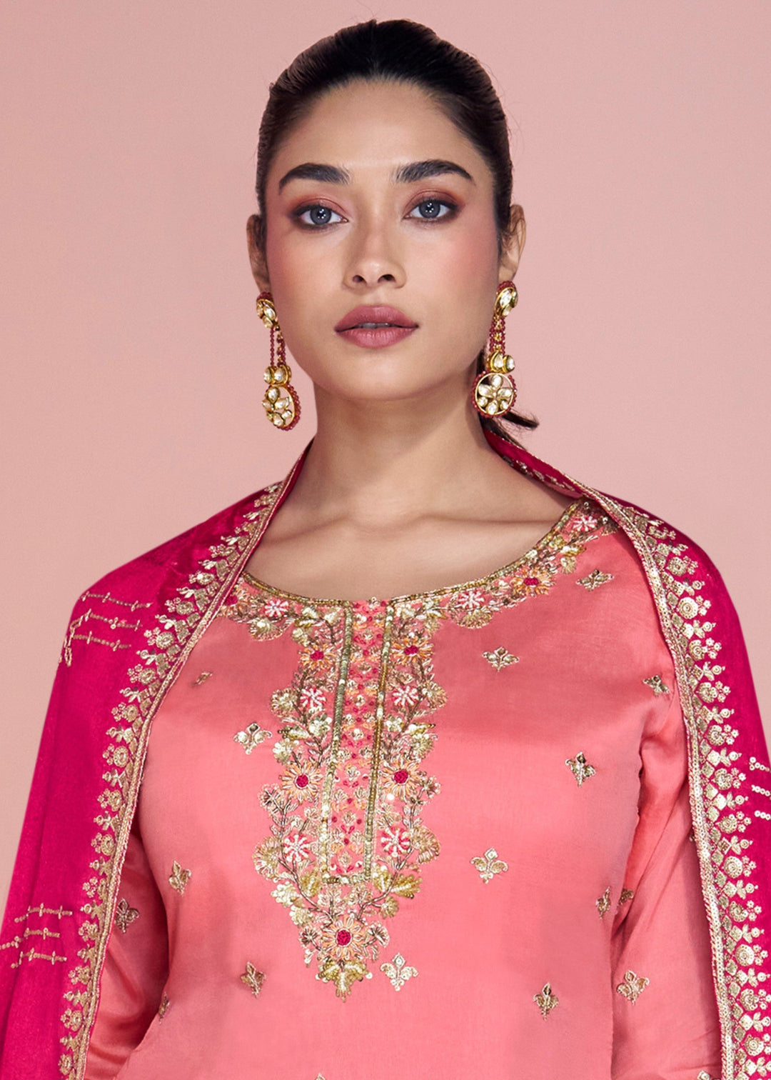 Peach Pink Chinnon Silk Plazo Suit With Thread Embroidered Work : Top Pick