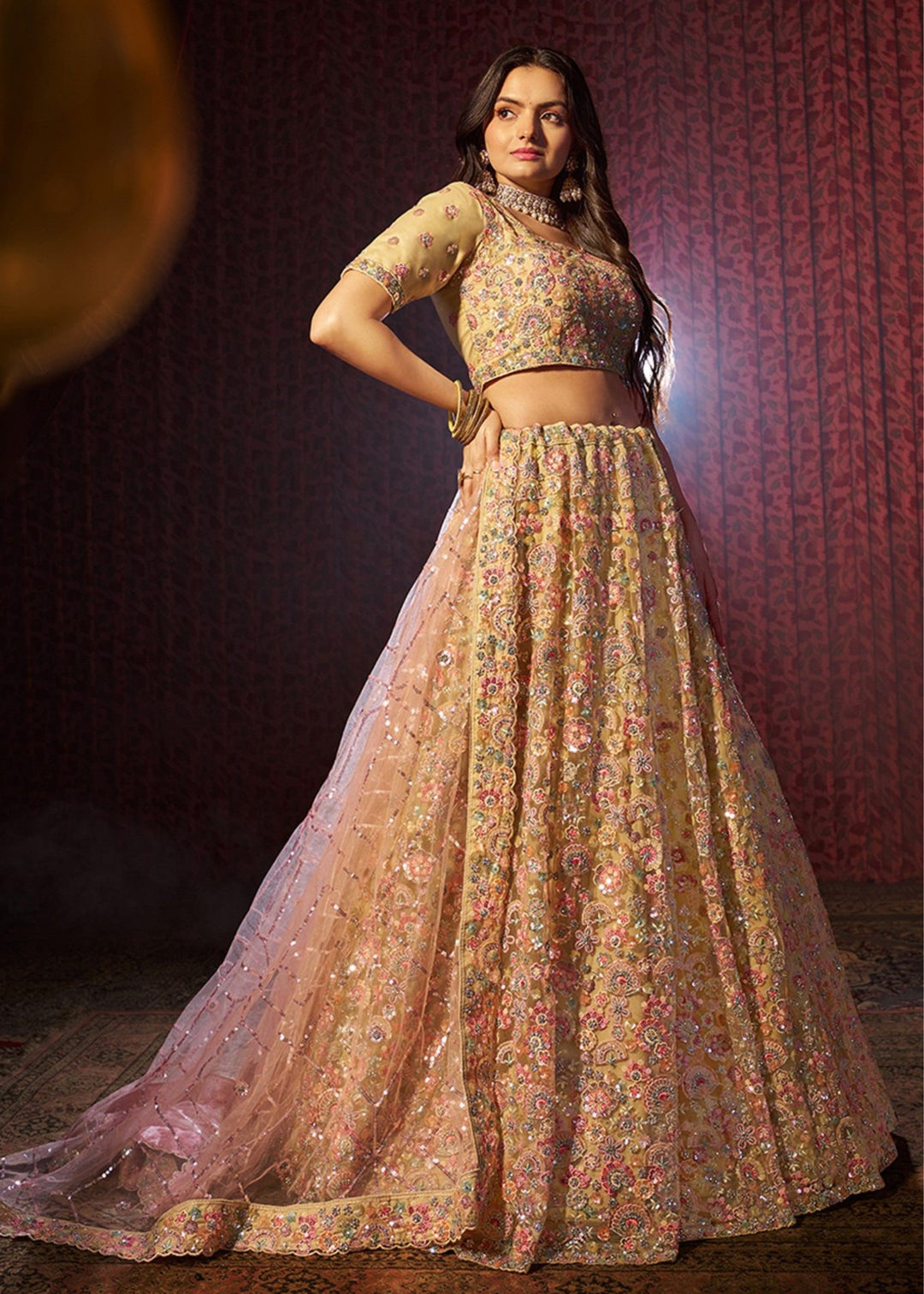 Beige Sequins Thread work Net Lehenga