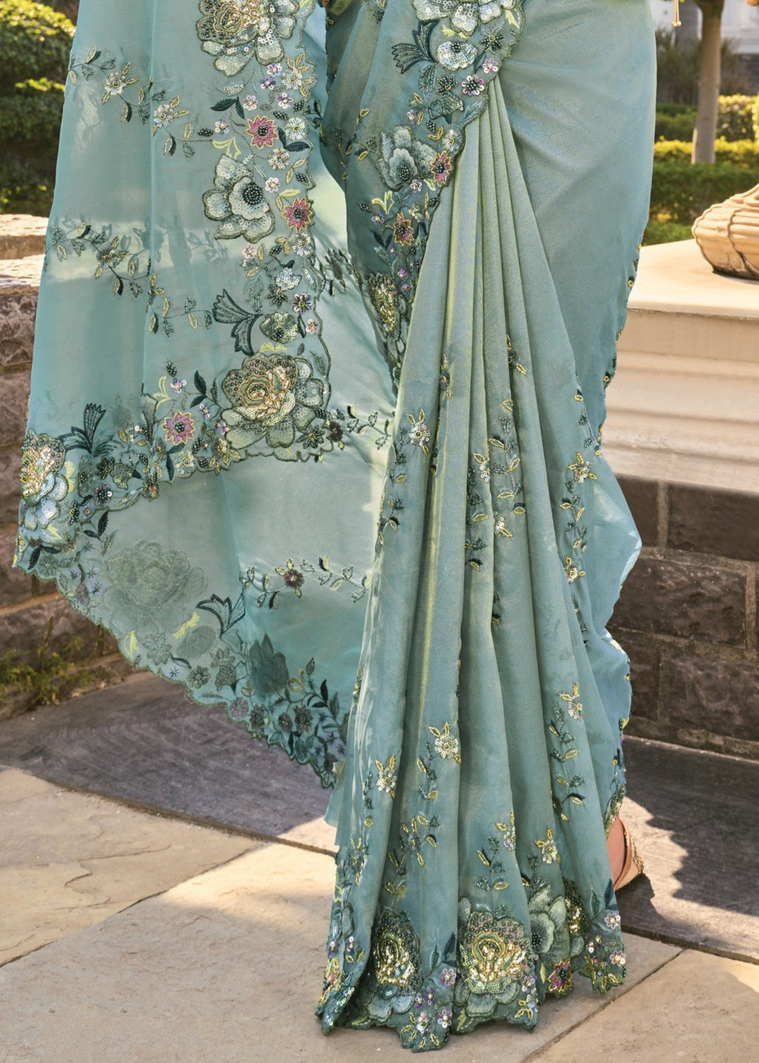 Sea Green Organza Silk Saree