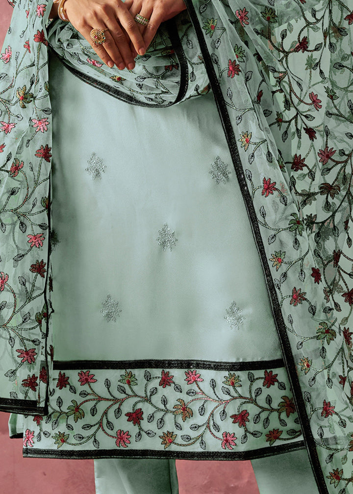 Aqua Blue Georgette Suit With Thread Embroidered Work