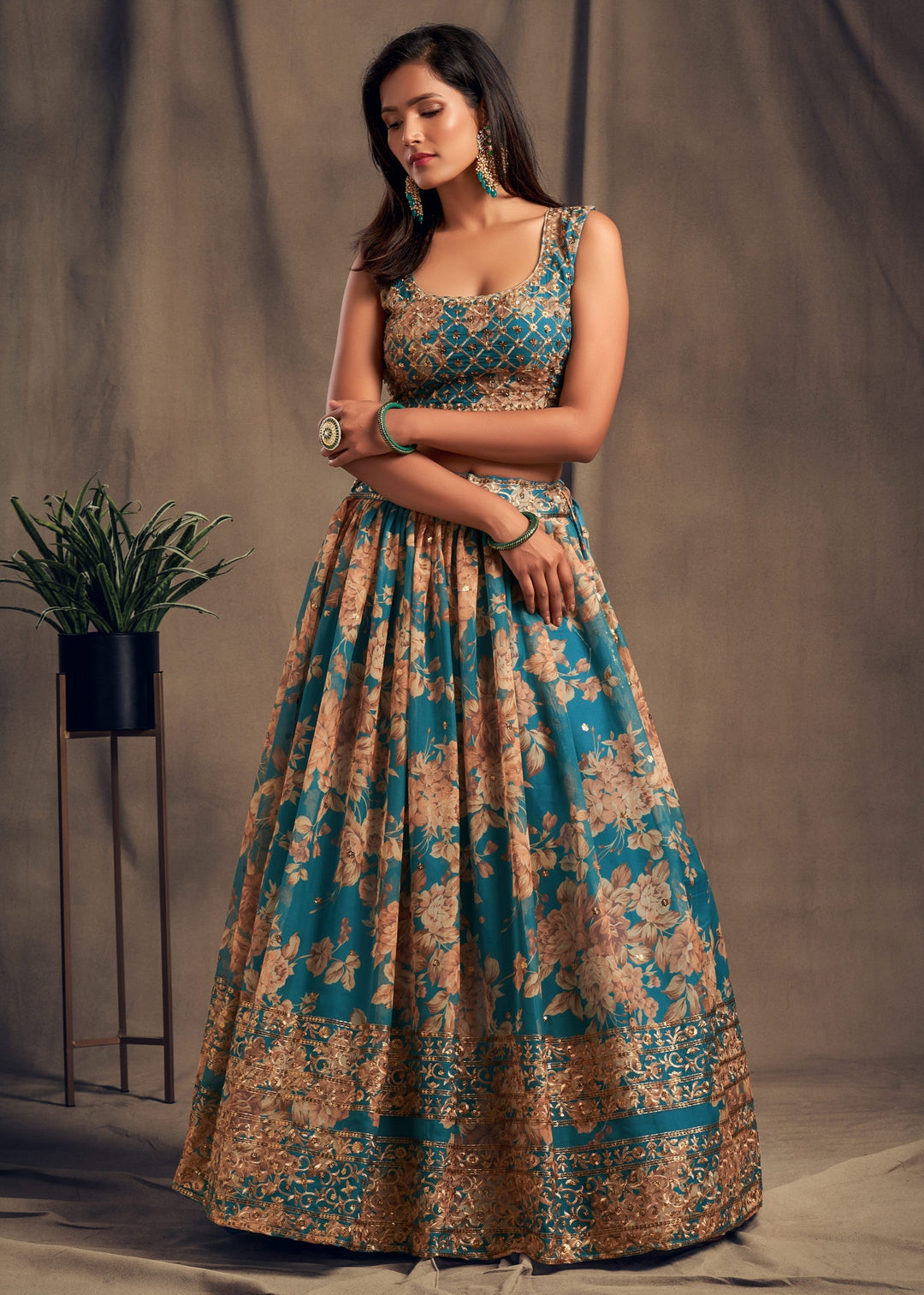 Teal Blue Organza Lehenga with Dupatta