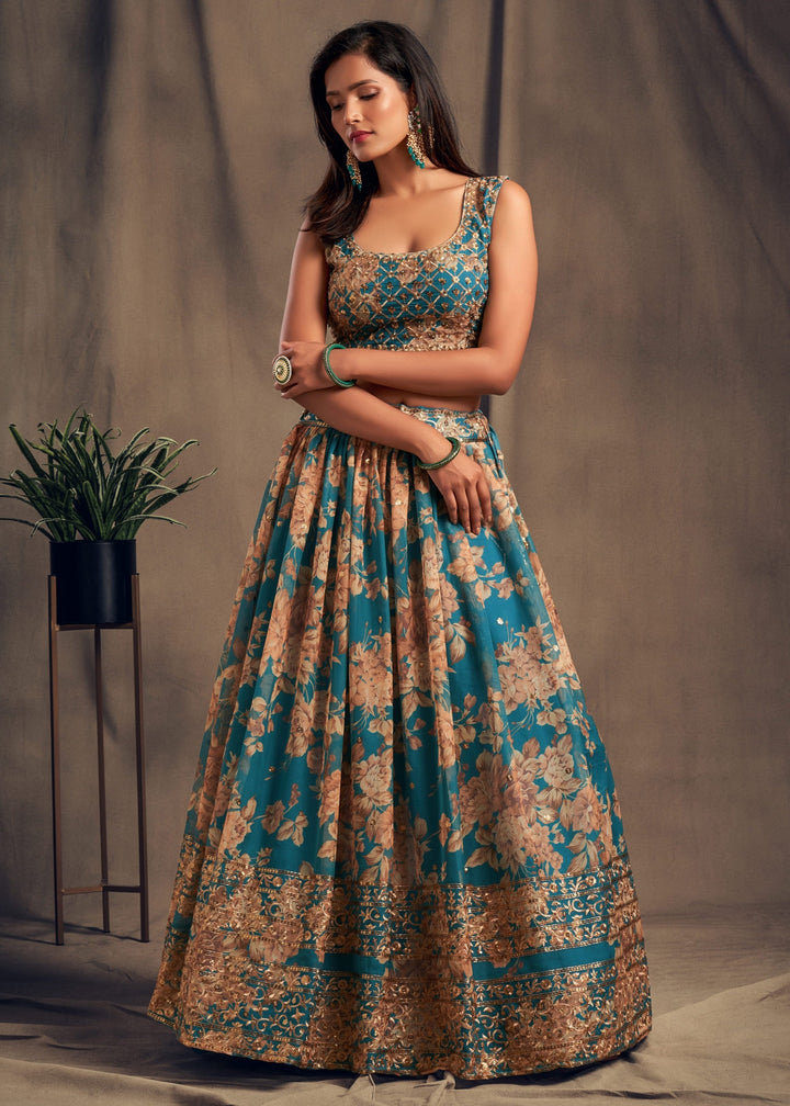 Teal Blue Organza Lehenga with Dupatta