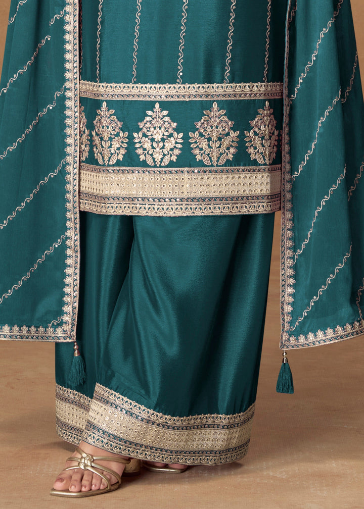 Teal Green Premium Chinnon Silk Salwar Suit