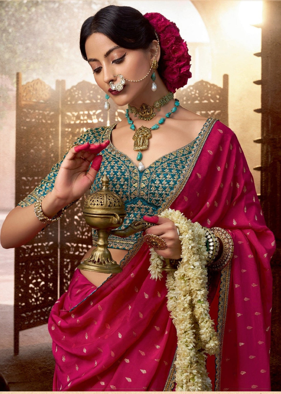 Red Pink Viscose Crepe Silk Saree