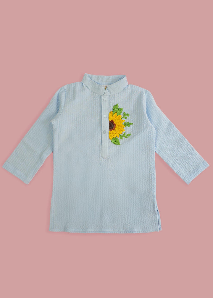 Organic Cotton Hand Embroidered Light Blue Kurta with Pajama - Sunflower