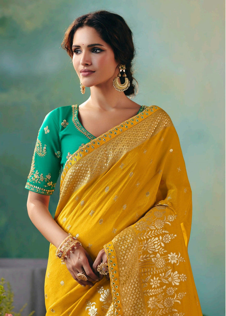 Golden Yellow Pure Viscose Dola Silk Saree with Zari Weaving & Embroidered Blouse