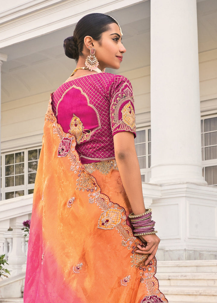 Orange Pink Crepe Silk Saree