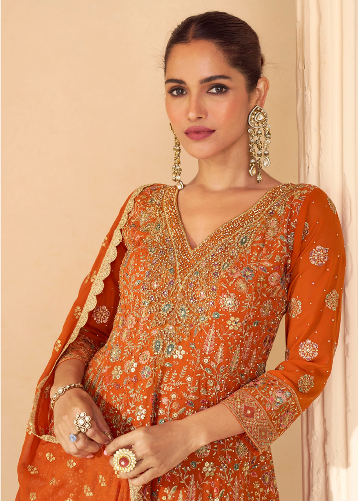 Burnt Orange With Intricate Prints Georgette Palazzo Suit