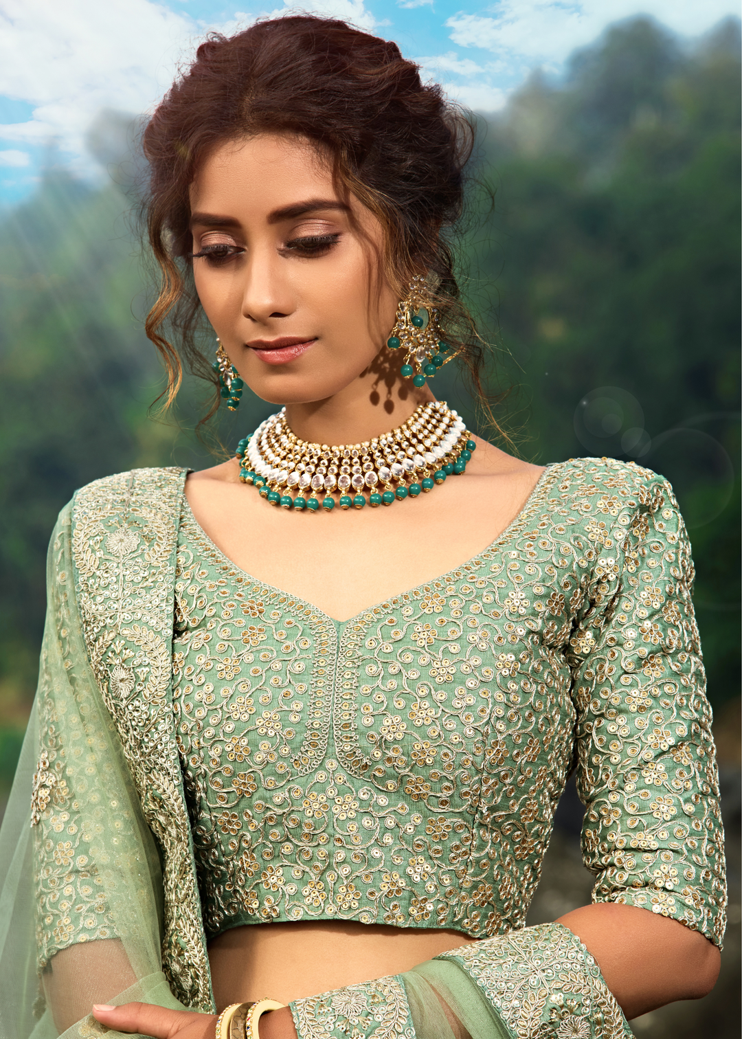 Emerald Green Designer Soft Net Lehenga Choli with Sequins & Dori work