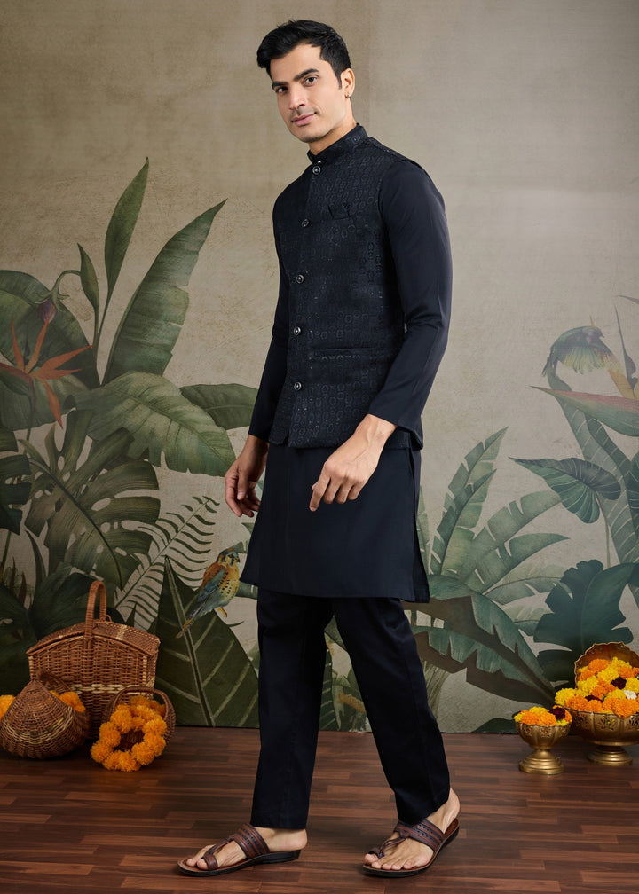 Black Mens Wear Koti Style with Kurta and Pajama