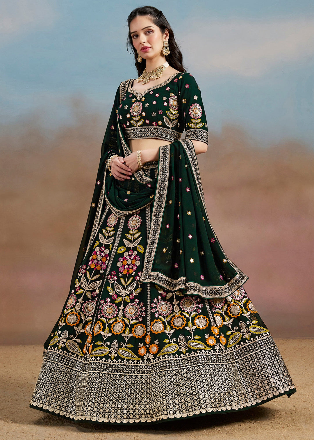 Green Georgette Lehenga With Dupatta