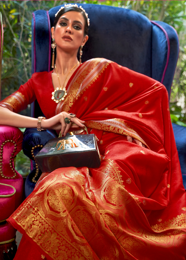 Crimson Red Kanjivaram Silk Saree Woven with Silver & Golden Zari