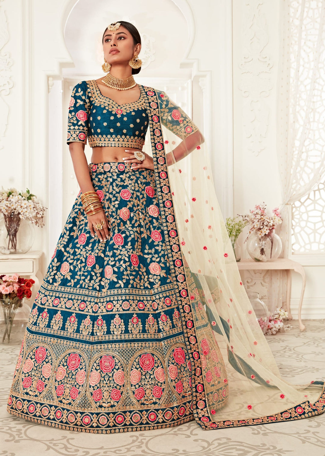 Navy Blue Slub Silk With Zari, Dori, Thread And Sequins Floral Embroidery Bridal Lehenga