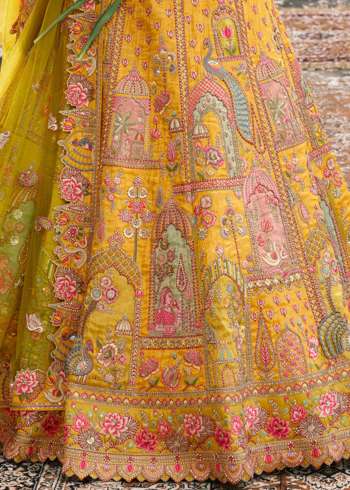 Yellow & Green Fancy Silk Lehenga Choli With Cut Work Embroidery Border & Stone Work