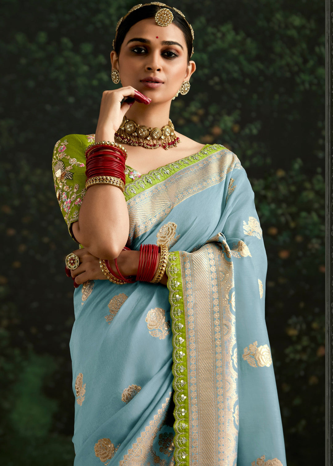 Sky-blue and Lime-green Viscose silk Saree