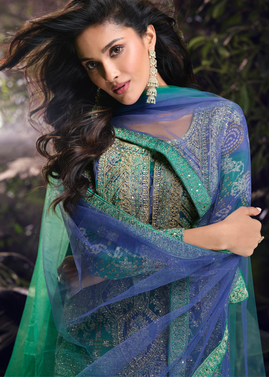 Peacock Blue Chinnon Silk Plazo Suit With Mirror & Thread Embroidered Work