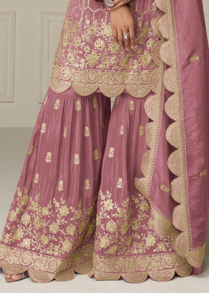 Elegant Dusty Rose Pink Silk Salwar Suit with golden embroidery