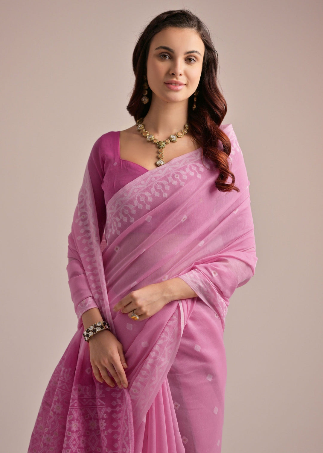 Pink Thread Butti Lakhnawi Weaves Muga Cotton Saree With Contrast Pallu