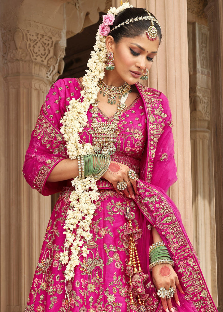 Magenta Pink Heavy Bridal Silk Lehenga With Khatli And Embroidery Work