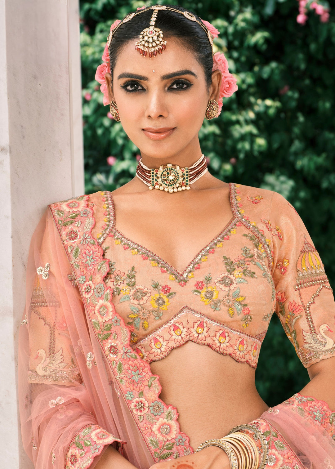 Peach Pink Fancy Silk Lehenga Choli With Cut Work Embroidery Border & Stone Work