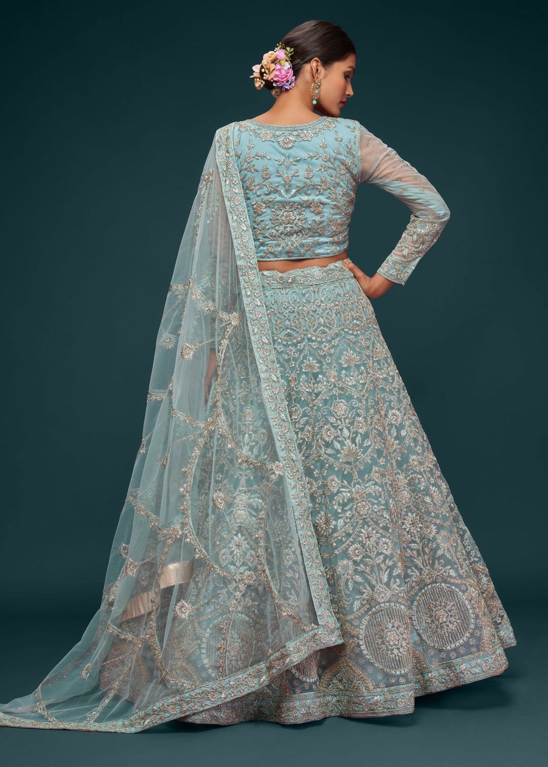 Ocean Aqua Soft Net Lehenga with Thread, Zari, Badla and Glitter Dori Embroidery Work