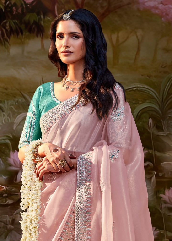 Aqua Green And Light Pink Saree With Embroidery And Handwork Designer Cut Border