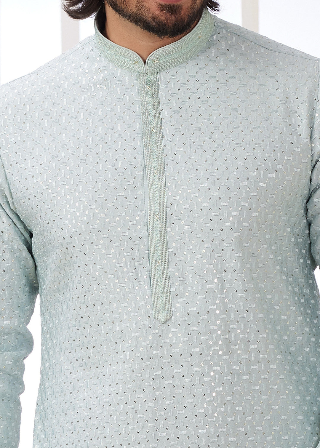 Light Blue Silk Kurta Set With Thread Embroidery Work