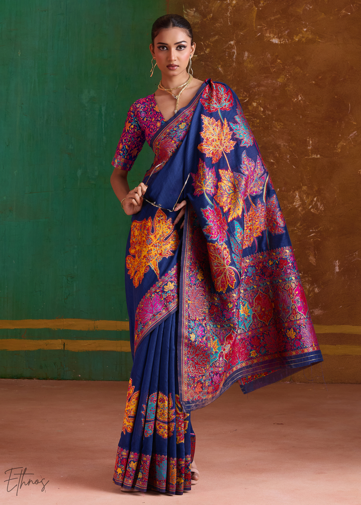 Navy Blue with Multicolour Floral Weave Saree