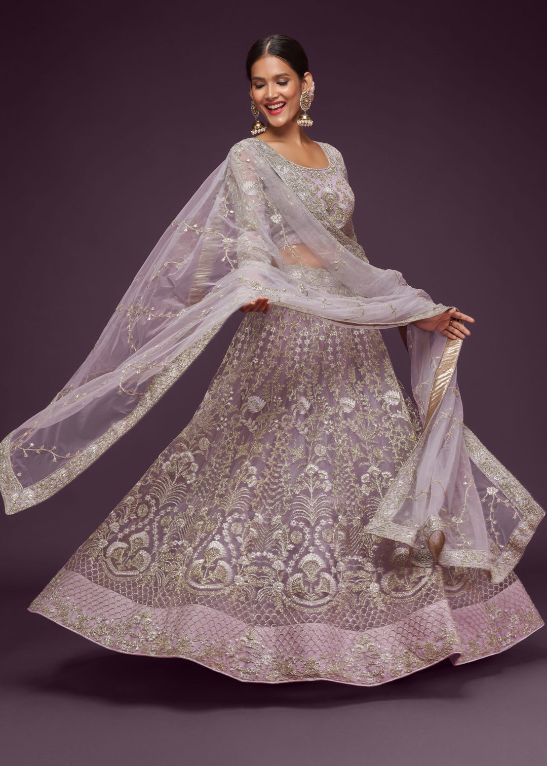 Dusky Orchid Soft Net Lehenga with Thread, Zari, Badla and Glitter Dori Embroidery Work
