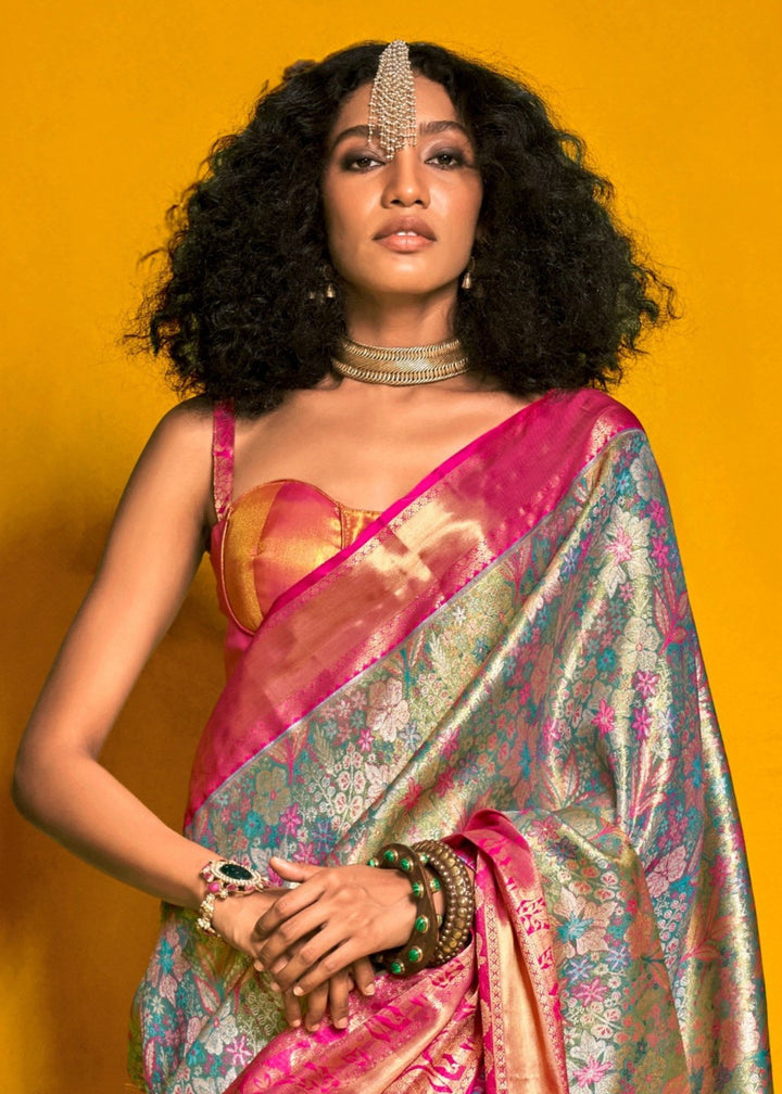 Pink And Blue Pure Dharamavaram Silk Saree