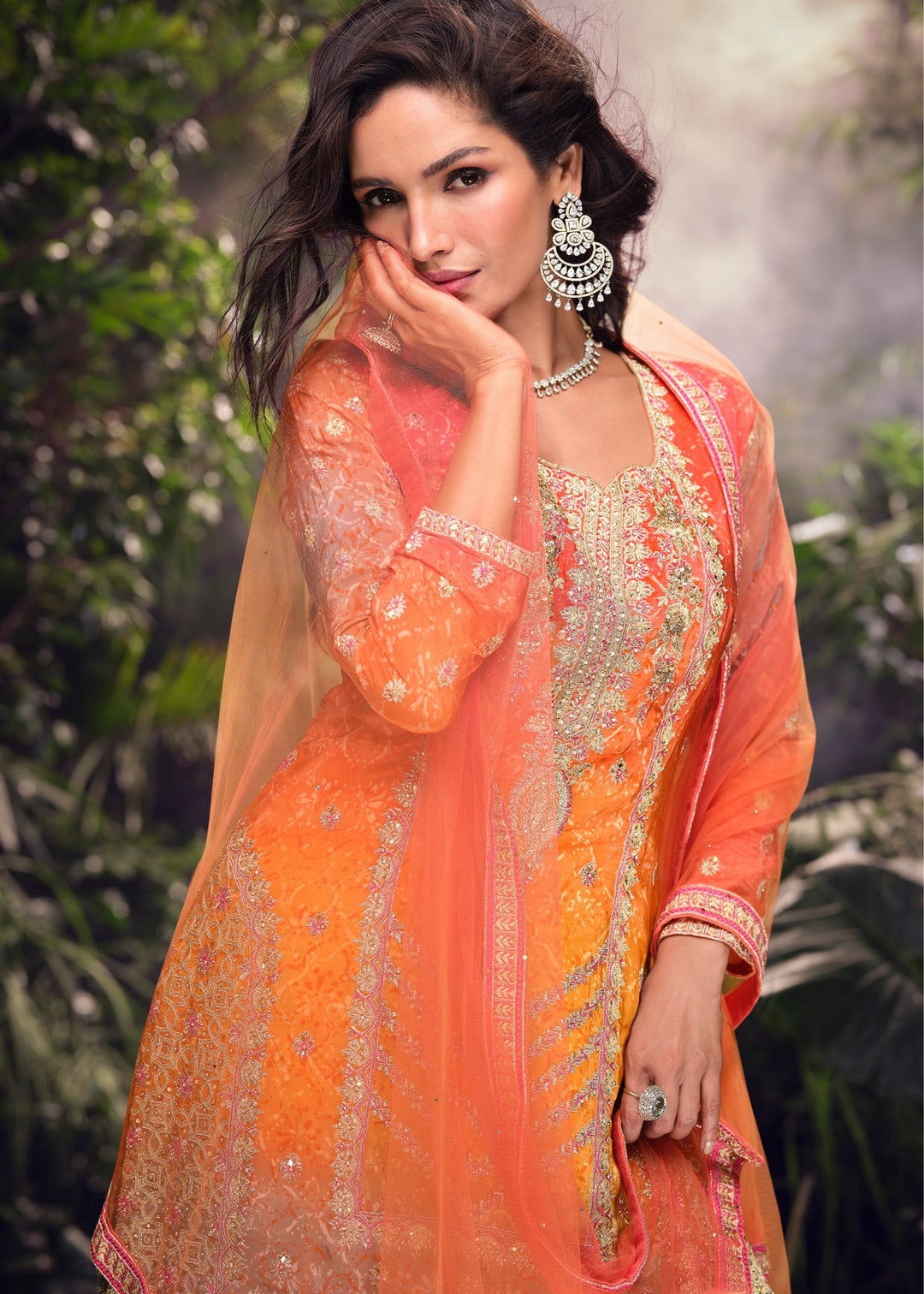 Tangrine Orange Chinnon Silk Plazo Suit With Mirror & Thread Embroidered Work
