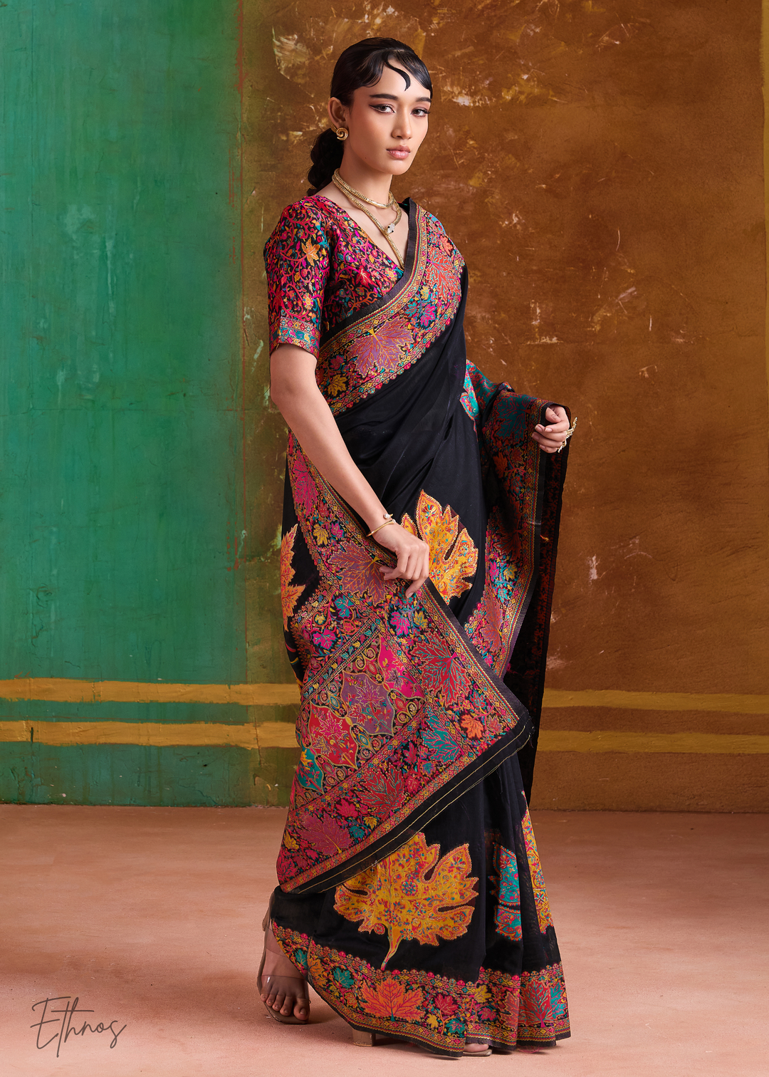 Midnight Black with Rich Multicolour Floral Weave Saree